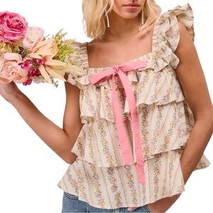 BiBi Floral Printed Woven Front Bow Tied Ruffled Square Neck Sleeveless Top